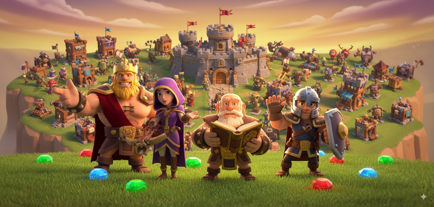 Diverse group of Clash of Clans heroes standing together in front of a thriving village showing teamwork and expertise