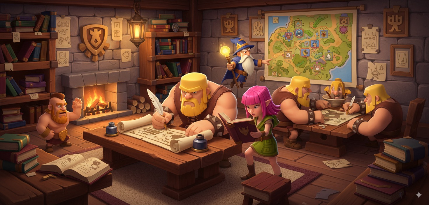 Clash of Clans characters reading scrolls and sharing knowledge in a cozy village library setting