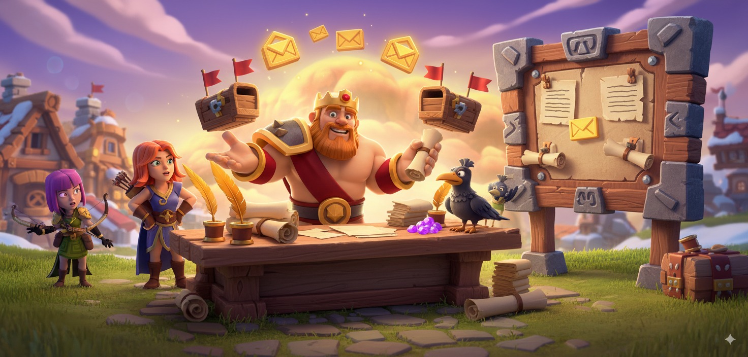 Clash of Clans characters at a communication center with message scrolls and mail ready to help players