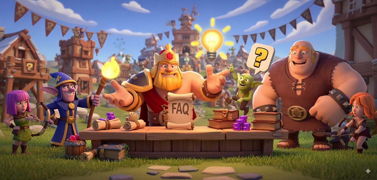 Clash of Clans character at a helpful information desk with question marks and support scrolls in village setting