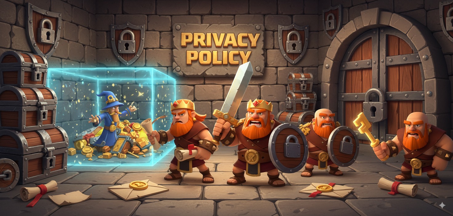 Clash of Clans heroes protecting a secure vault with locked chests and privacy policy text showing data security